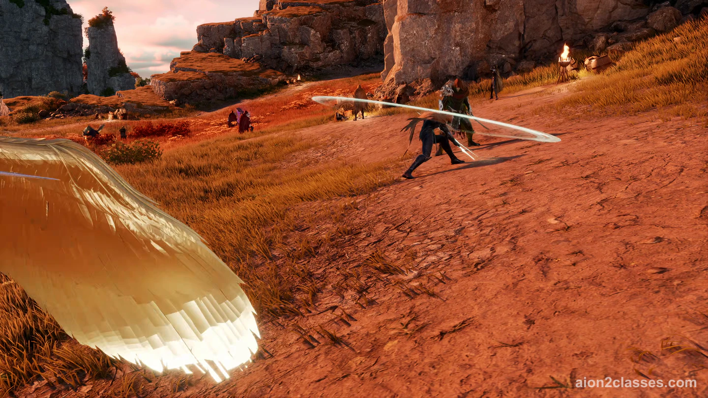 An AION 2 fighter cutting a white crescent of light on a red dirt path below cliffs at dusk