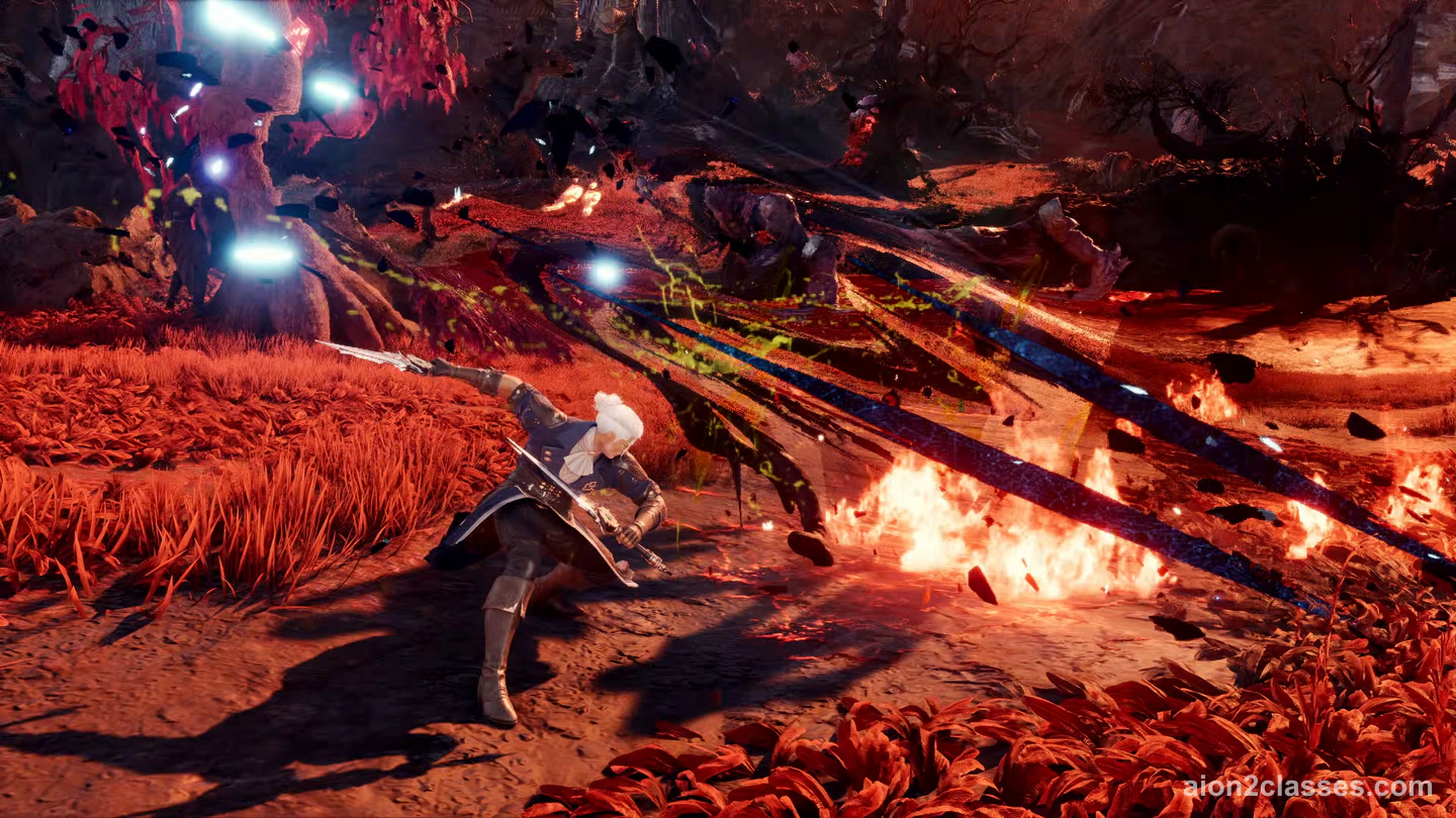 A white-haired AION 2 fighter crouching with two blades as dark streaks of light and flames cut through red grass