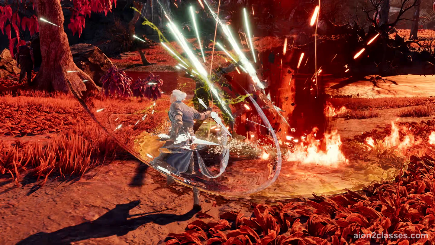 A white-haired AION 2 fighter spinning with two curved blades through red grass as flames and sparks burst behind