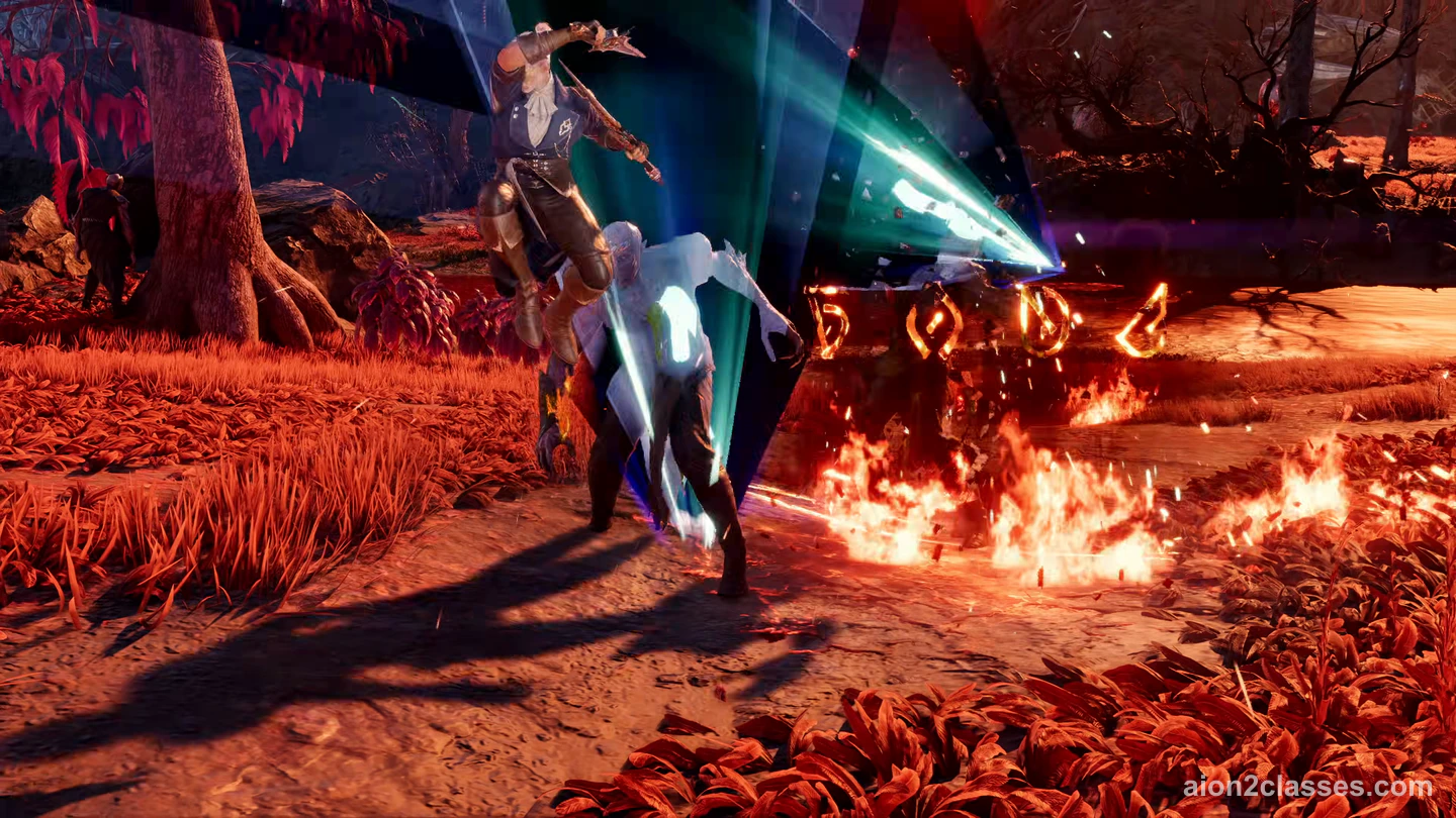 An AION 2 fighter leaping through a blade of blue-green light above burning red grass and glowing runes
