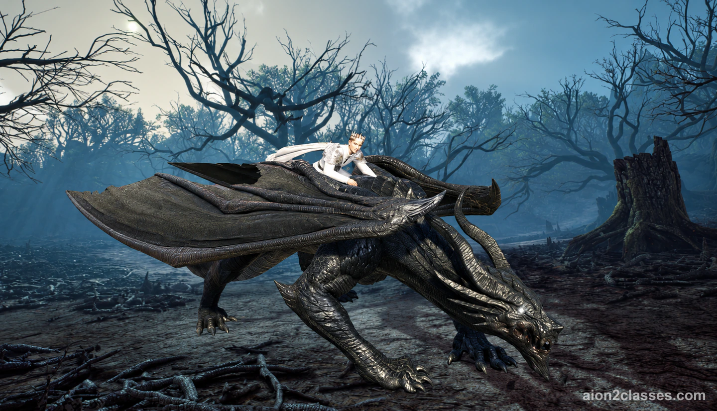The Black Dragon pet from AION 2's Founder's Pack: a huge black dragon crouching in a misty dead forest with a rider in white on its back