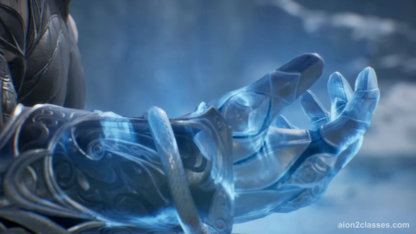 A clawed metal gauntlet glowing ice blue against a pale snowy sky