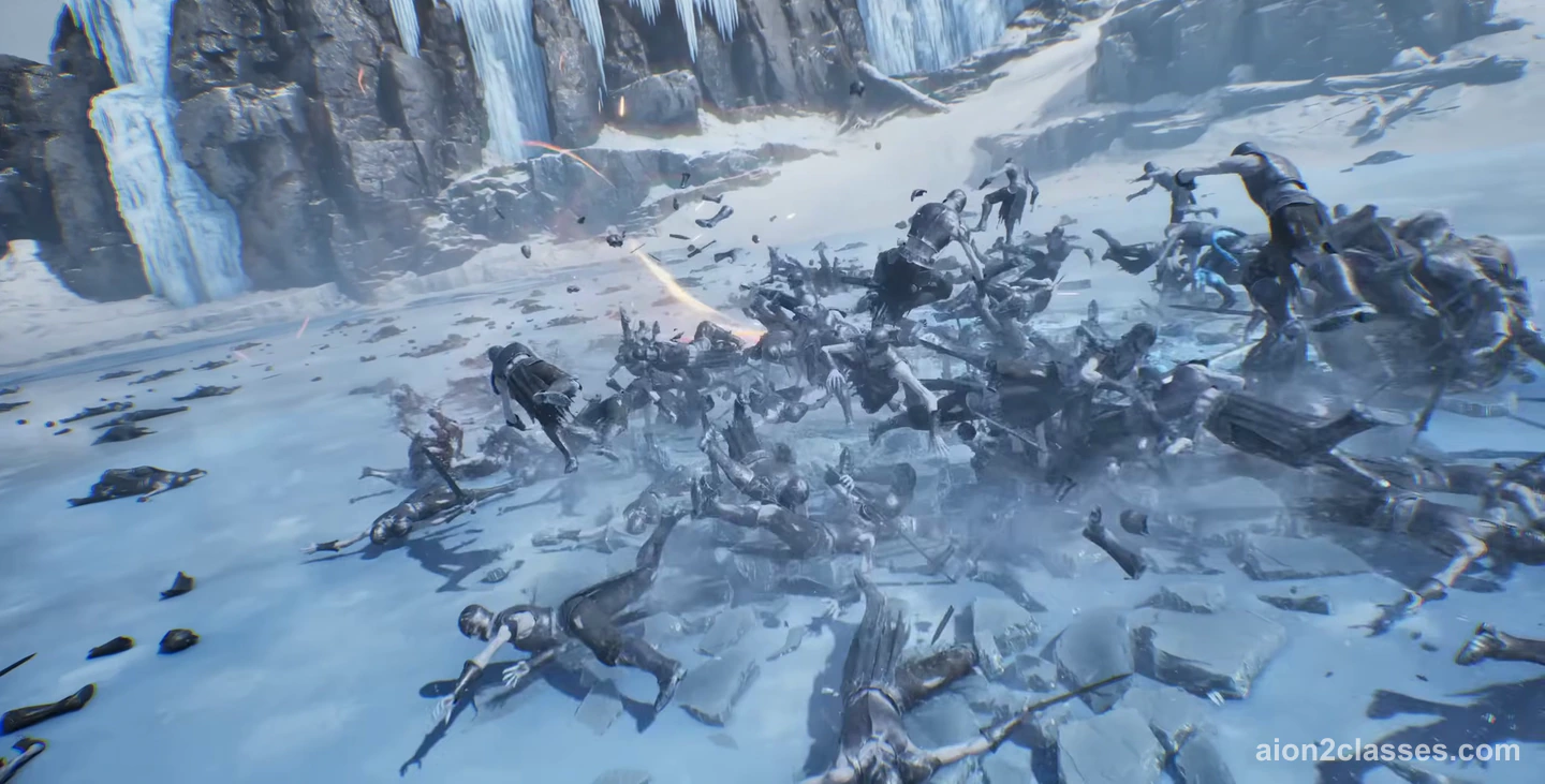A crowd of fighters thrown into the air by a blast on a snowfield below frozen waterfalls