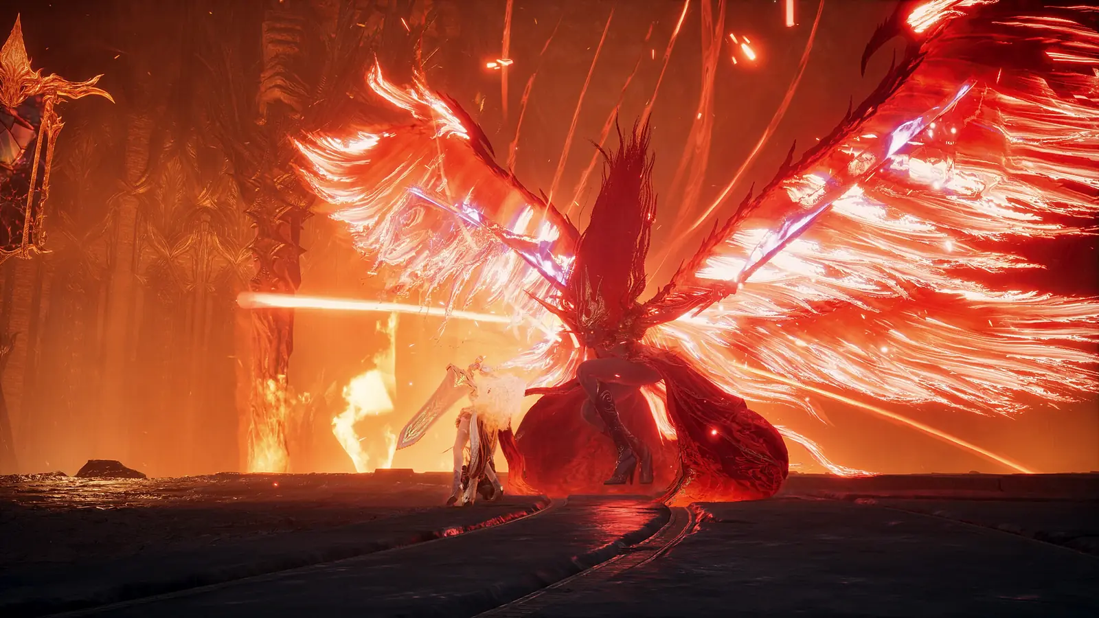 An AION 2 fighter facing a figure with enormous burning red wings in a hall of fire and molten light