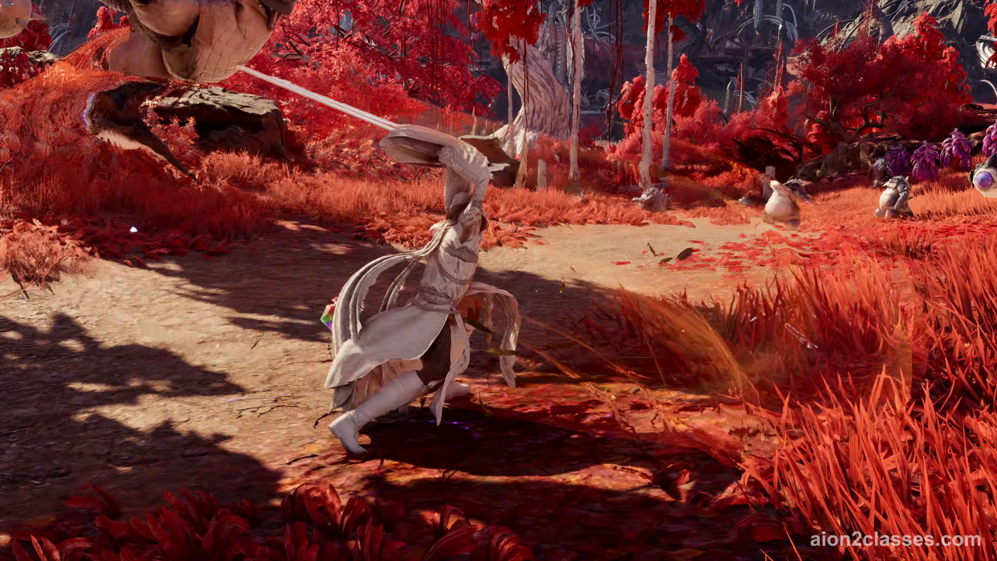 An AION 2 fighter in white robes running through red grass and fallen leaves with a long staff over the shoulder