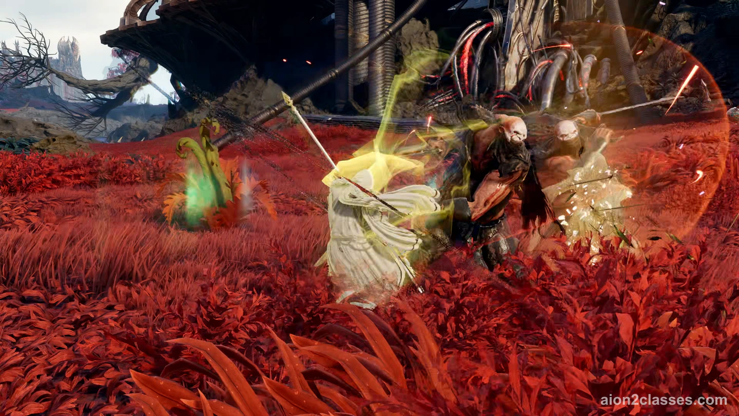 An AION 2 fighter in white robes driving a long staff into two bald bandits in red grass, a golden ring of light around them