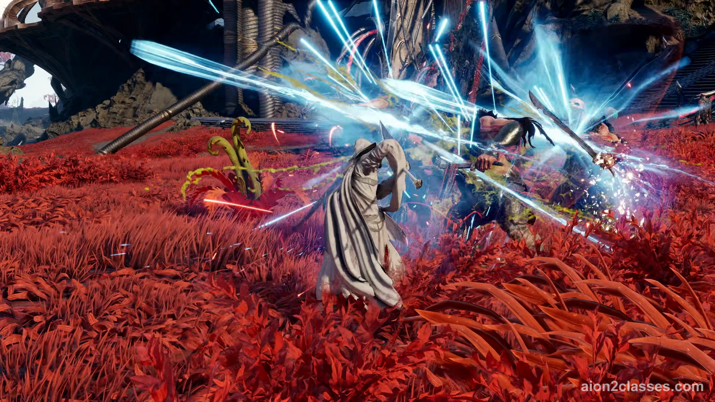 An AION 2 fighter in long white robes swinging a staff through a burst of blue light at two warriors in a field of red grass