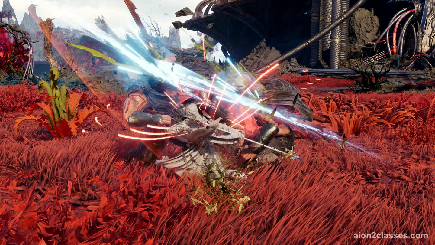 An AION 2 fighter charging through red grass in a blur of blue and white streaks of light