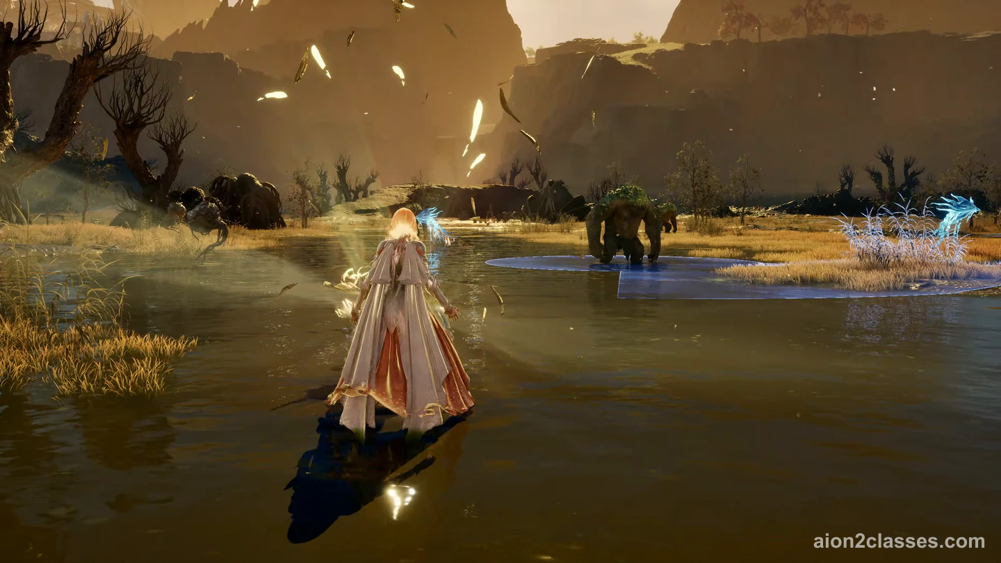 A blonde AION 2 character in a long white and orange cloak wading into a golden lake at dusk toward a giant
