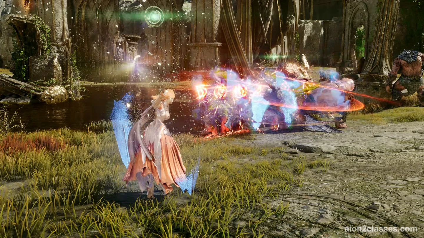 A blonde AION 2 character in a white and orange dress with glowing blue wings, light bursting against a horned brute in old ruins