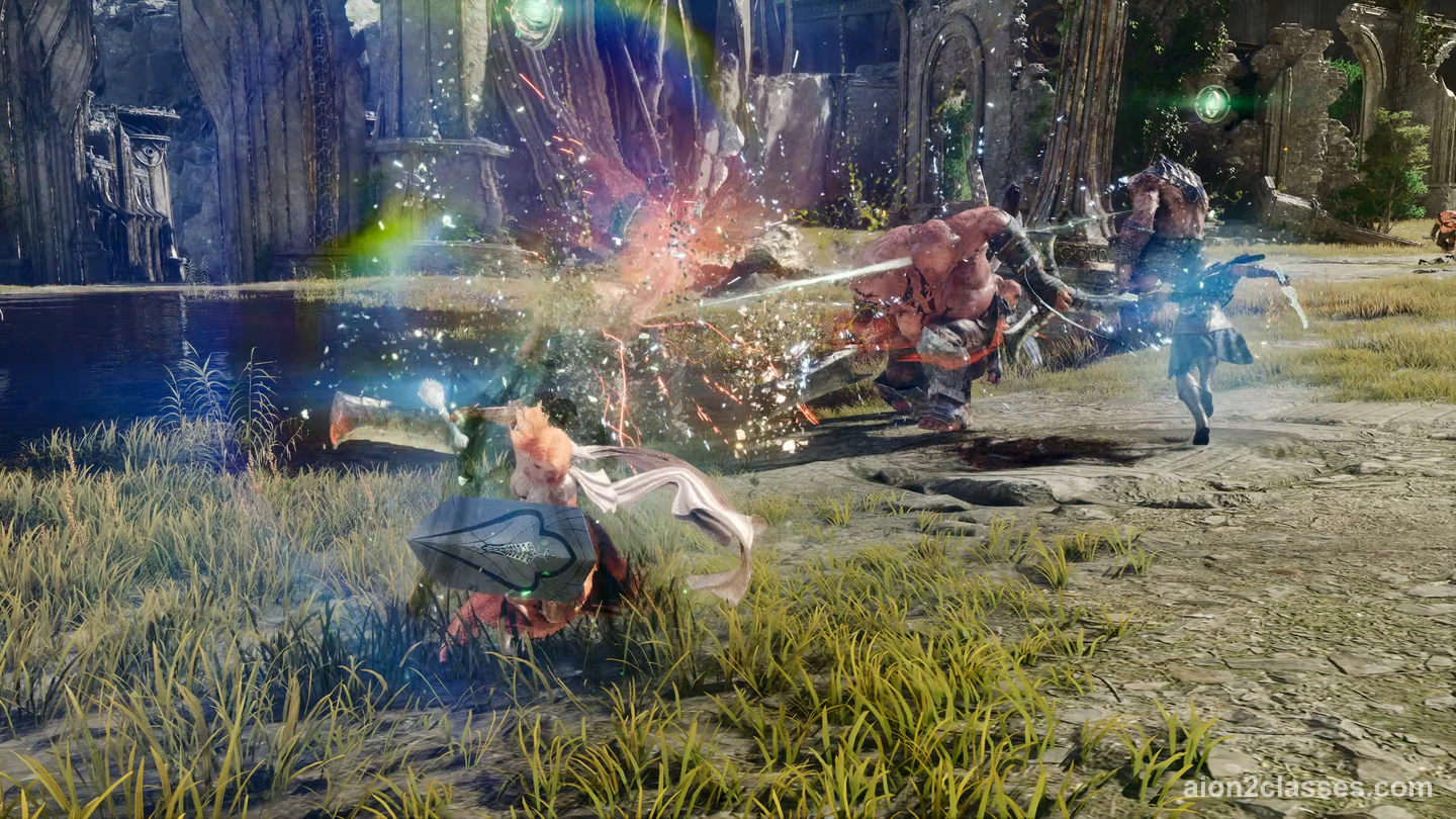 An AION 2 fighter with a shield and a white cape charging into horned brutes beside a pond in old ruins