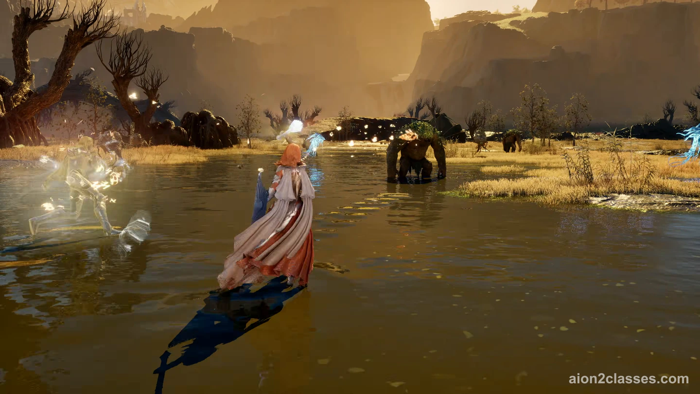 A red-haired AION 2 character in a white and red cloak walking across a flooded golden plain at dusk toward a hulking monster