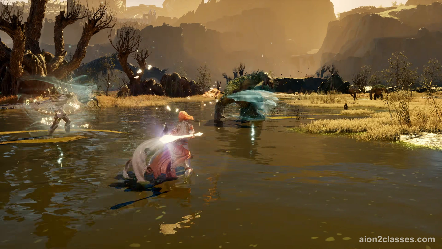 A red-haired AION 2 character in a white cloak swinging a glowing weapon in shallow water while a giant wades toward them at dusk