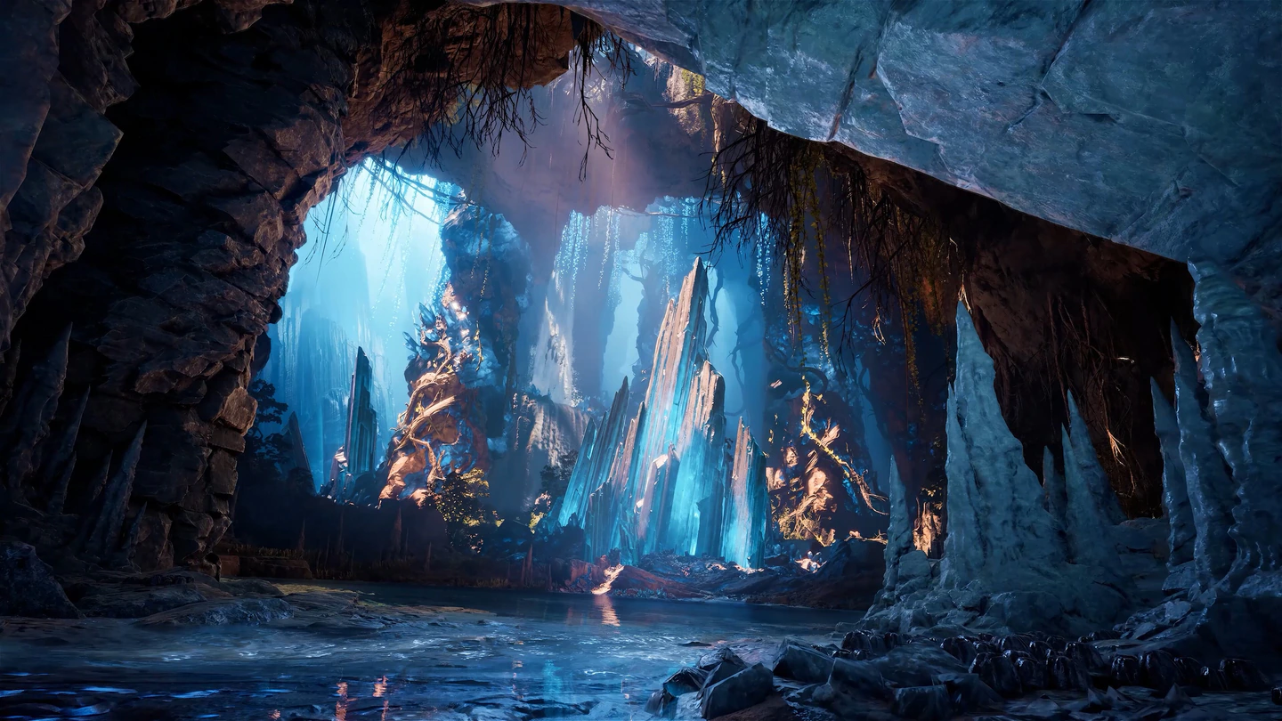 A cave in AION 2 full of glowing blue crystal spires above a still pool, with stalactites and hanging roots framing the view