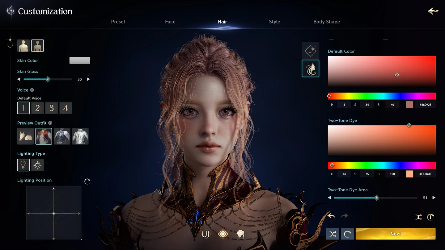 The AION 2 character customization screen on the Hair tab: a face with wavy pink-blond hair between skin, voice and lighting options and the hair color and two-tone dye controls