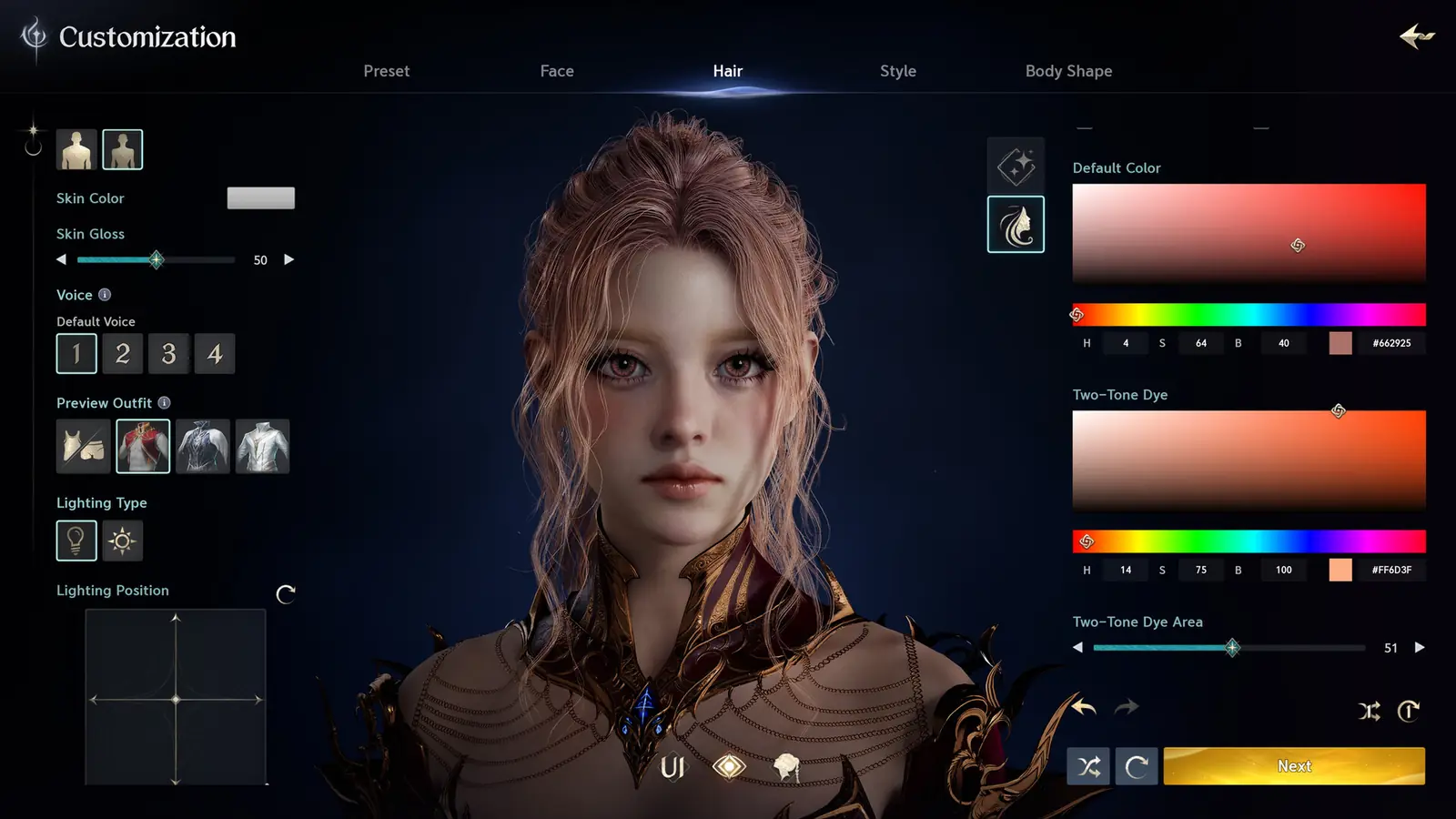 The AION 2 character customization screen on the Hair tab: a face with wavy pink-blond hair between skin, voice and lighting options and the hair color and two-tone dye controls