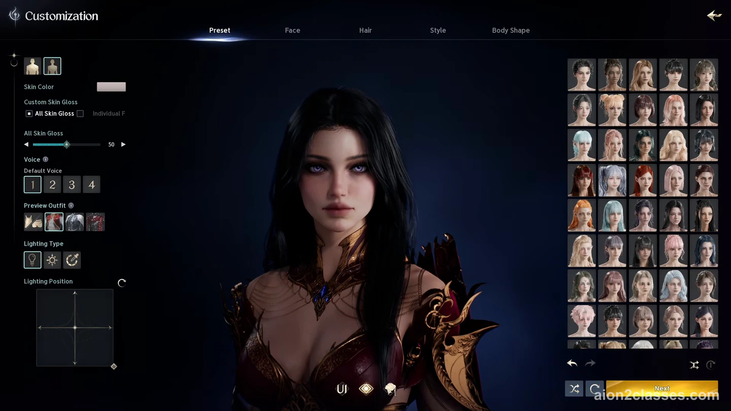 The Customization screen of AION 2 character creation: a dark-haired character in the middle, skin and voice settings on the left and preset faces on the right
