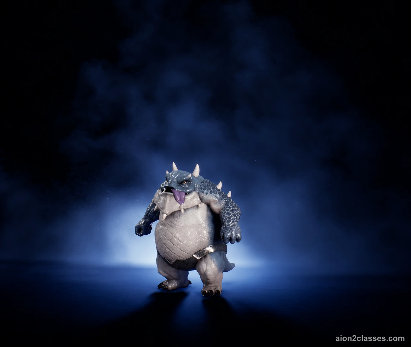 The Dratona pet in the AION 2 Pets menu: a chubby grey-blue horned lizard standing upright with its purple tongue out, on a dark blue stage