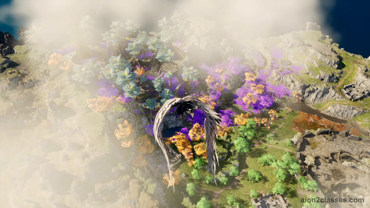 A winged AION 2 character flying low over forests of purple and orange trees, seen from above through drifting cloud
