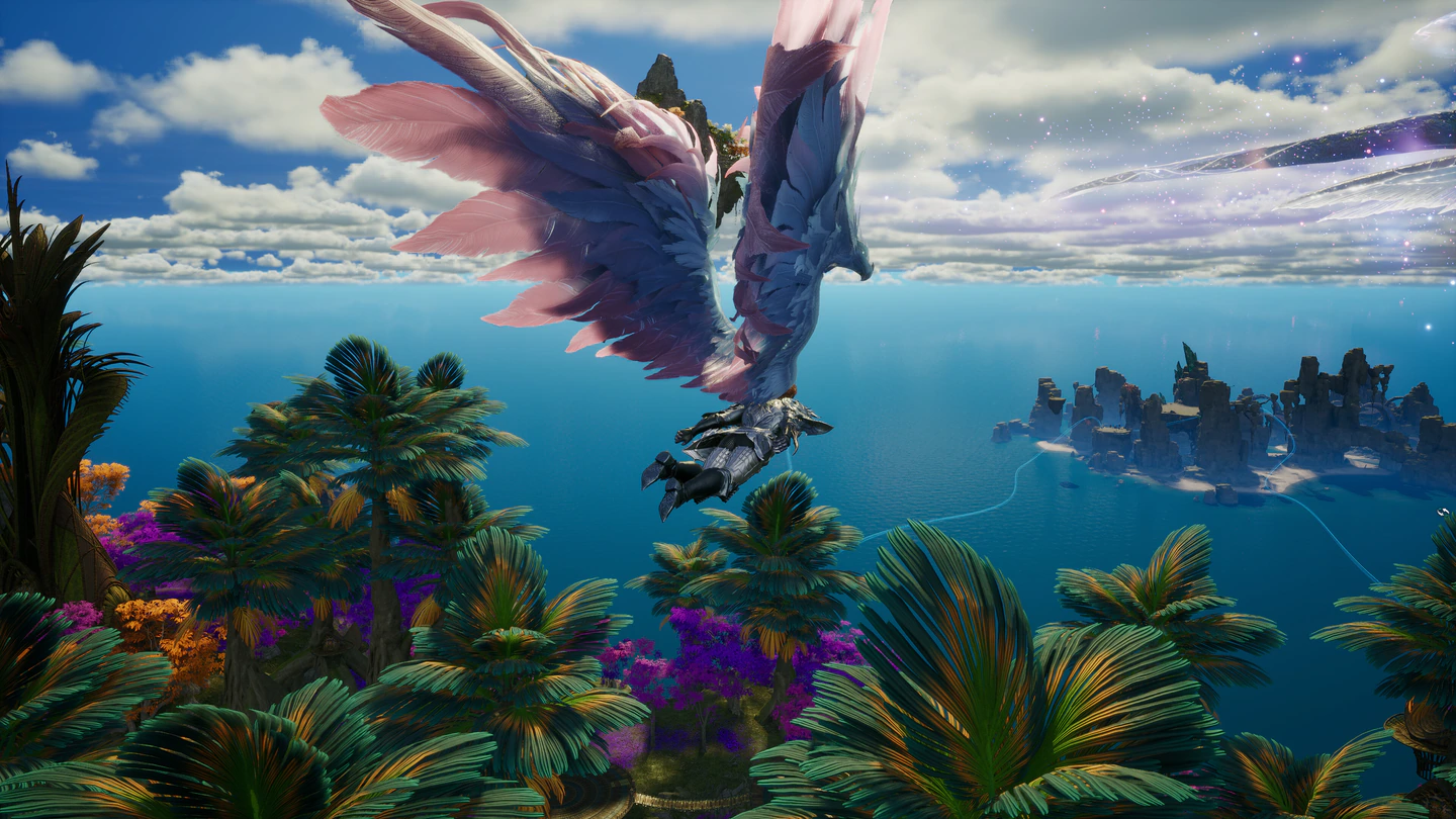 An AION 2 Daeva with white and pink feathered wings flying over palm trees toward a blue sea and rocky islands