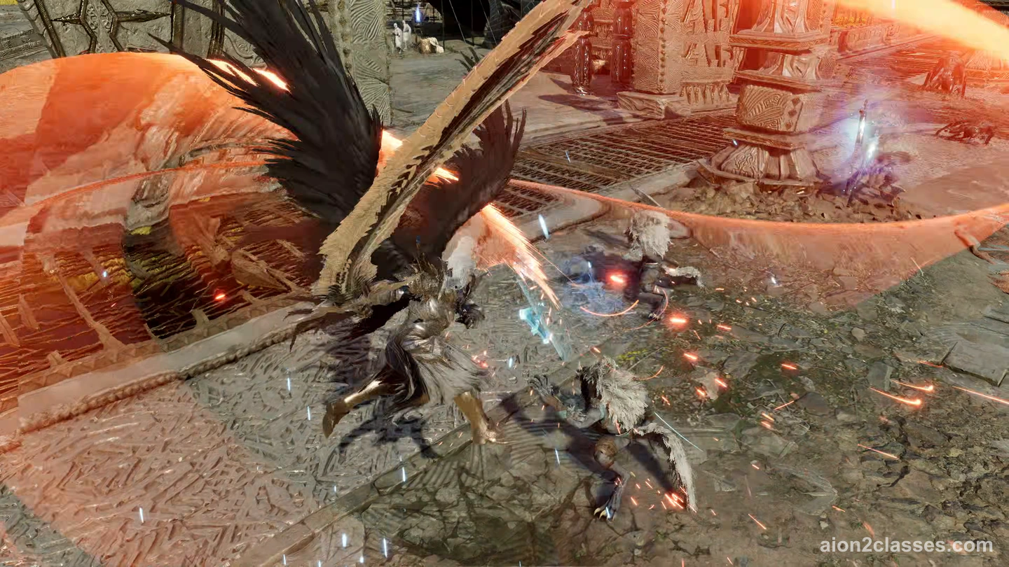 Ein Gladiator mit schwarzen Flügeln schlägt einen weiten Lichtbogen durch Monster in einem steinernen Hof