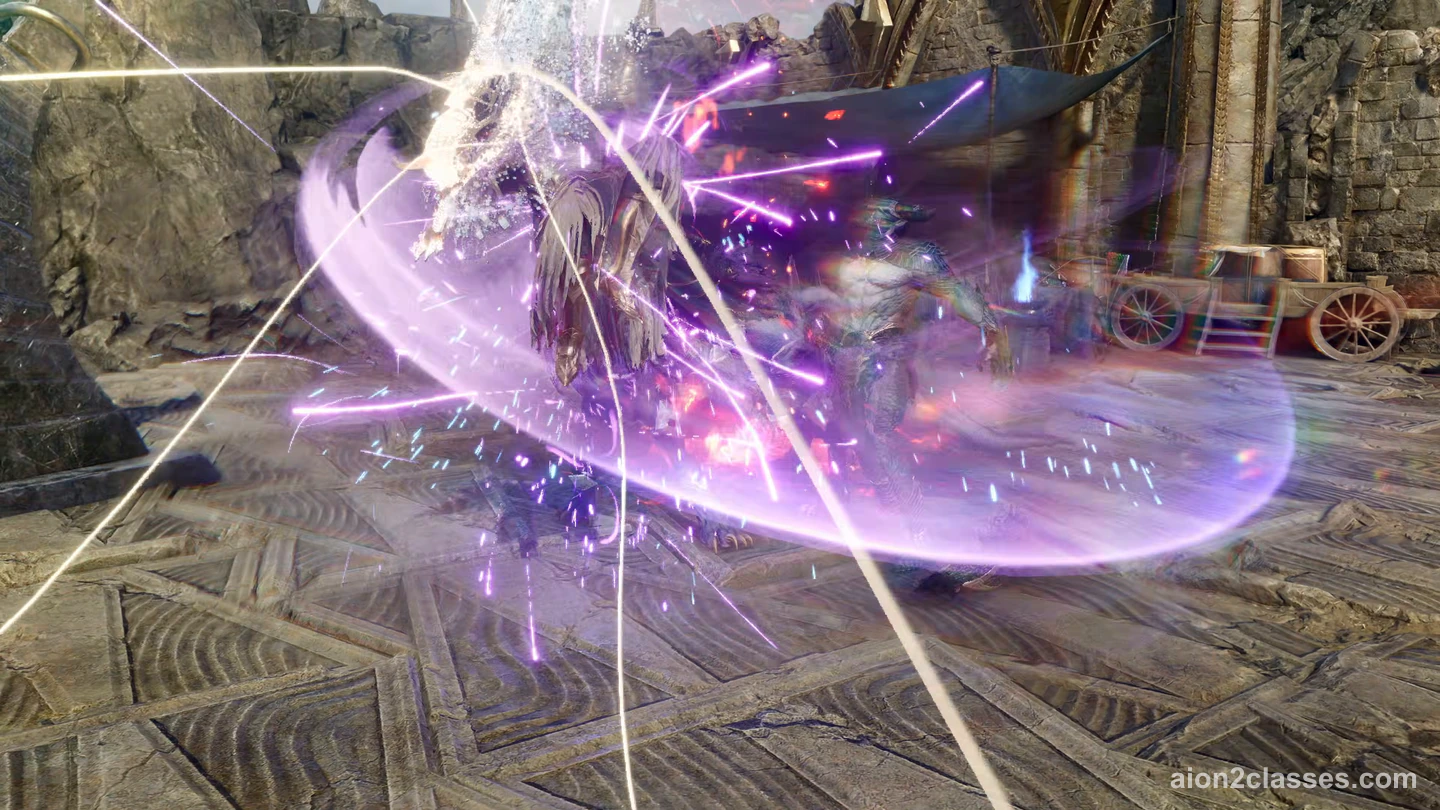 An AION 2 fighter swinging a wide purple arc of light through monsters in a stone courtyard, sparks flying