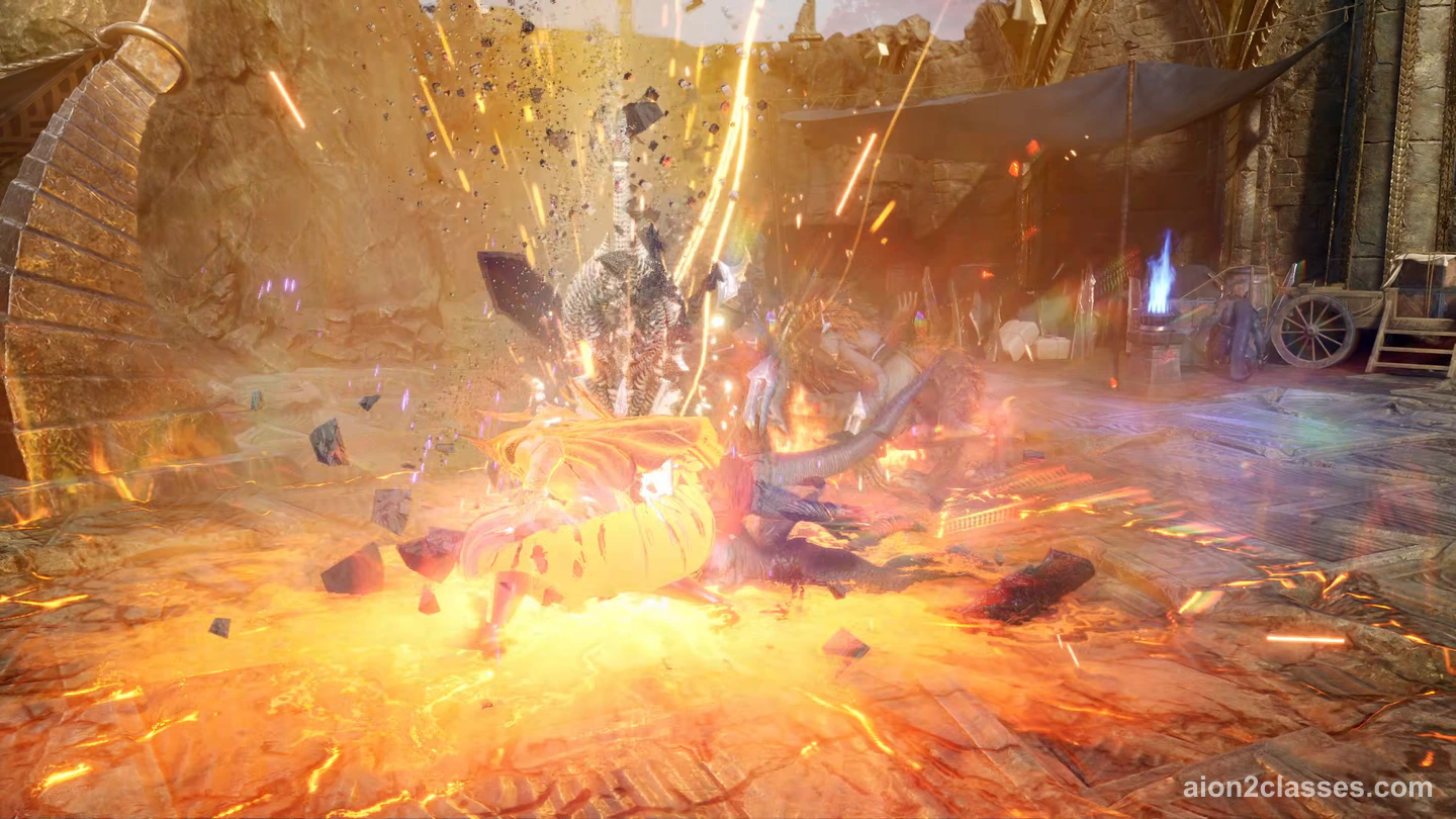 An AION 2 fighter slamming the ground in a burst of orange fire and flying rock in a stone courtyard