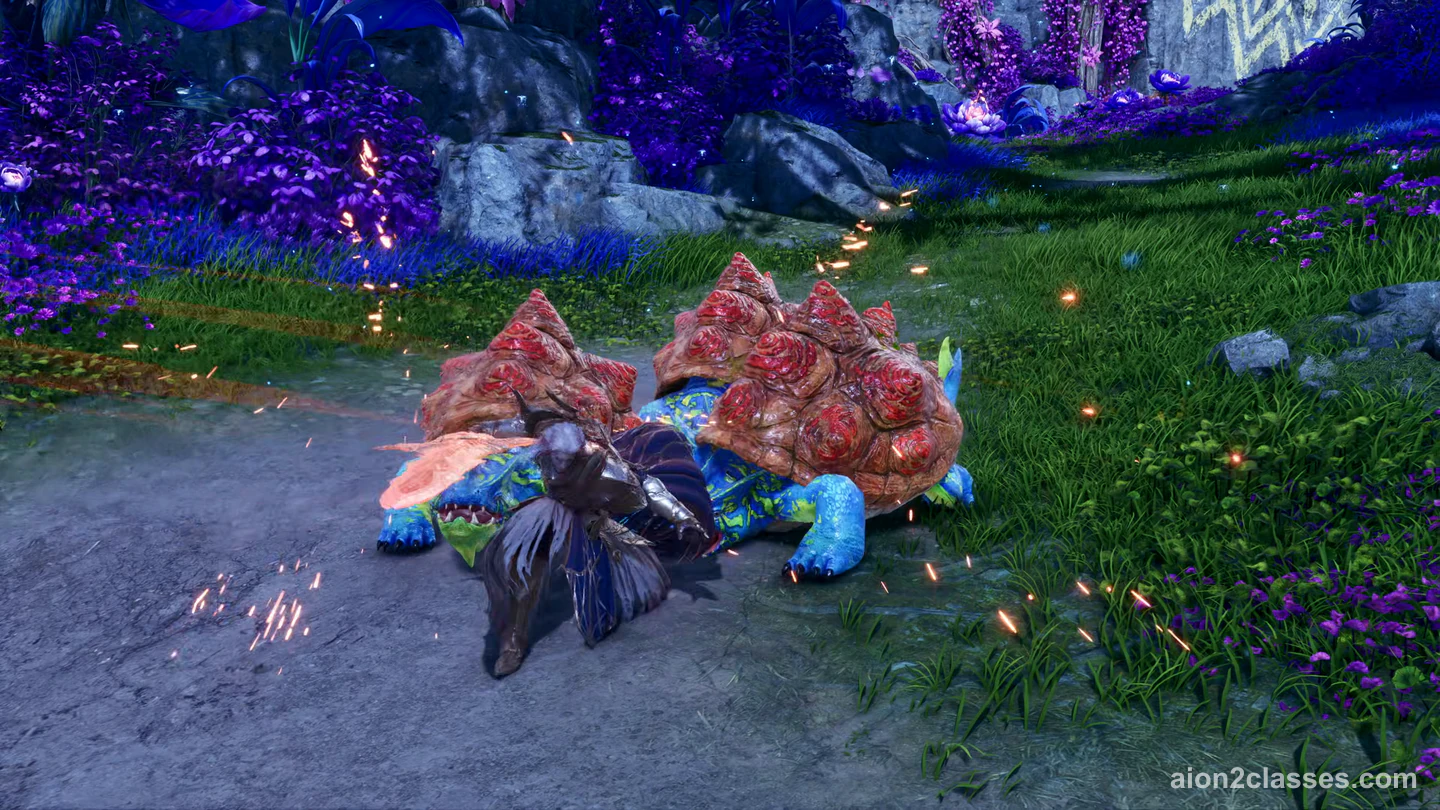 An AION 2 fighter in dark armor fighting two giant red-shelled turtles on a path through purple flowers