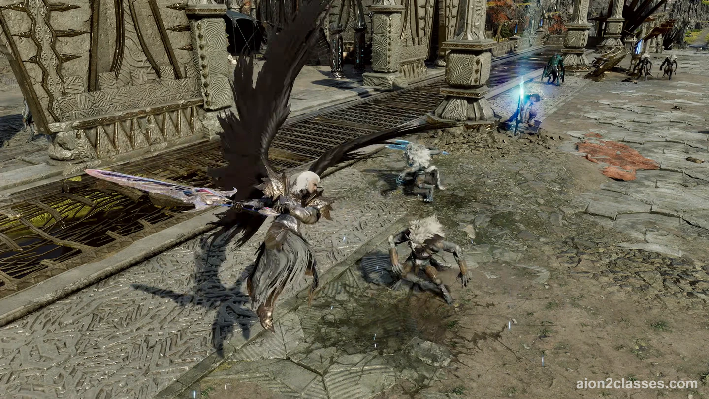 An AION 2 fighter with black wings swinging a long greatsword at small monsters in a stone courtyard