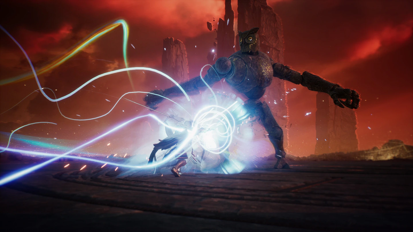 An AION 2 fighter slashing through a giant stone golem in a burst of white and blue light under a blood-red sky with towering rock spires