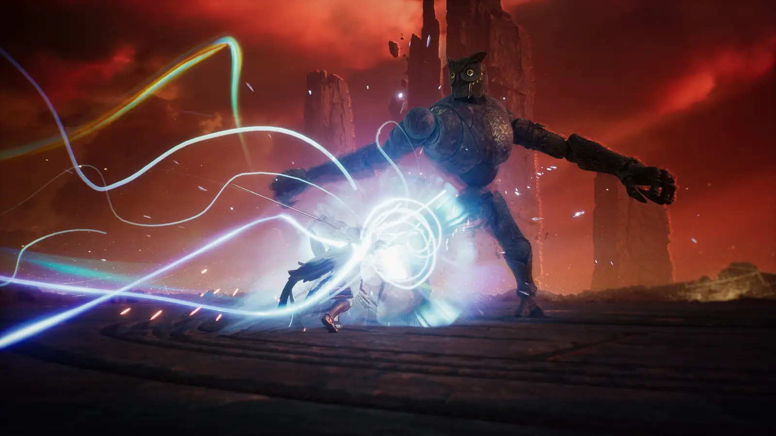An AION 2 fighter slashing through a giant stone golem in a burst of white and blue light under a blood-red sky with towering rock spires