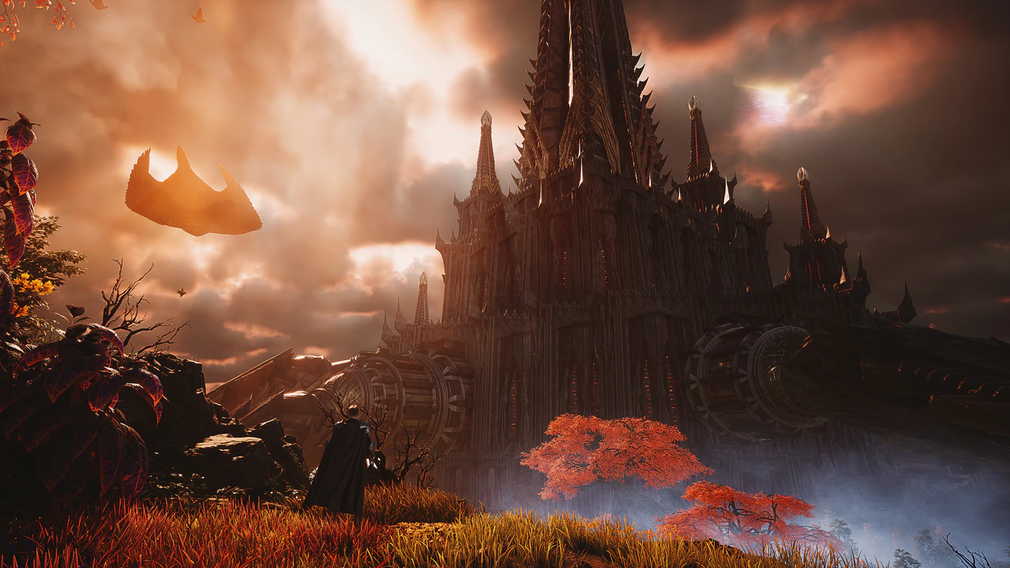 A dark gothic fortress with tall spires under an orange cloudy sky in AION 2, a cloaked figure in red grass and a floating rock drifting overhead
