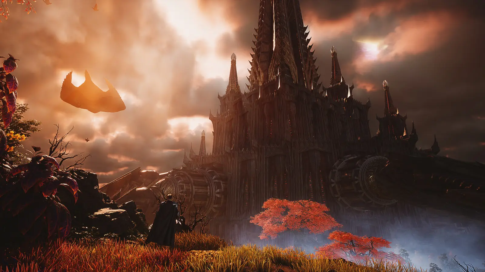 A dark gothic fortress with tall spires under an orange cloudy sky in AION 2, a cloaked figure in red grass and a floating rock drifting overhead