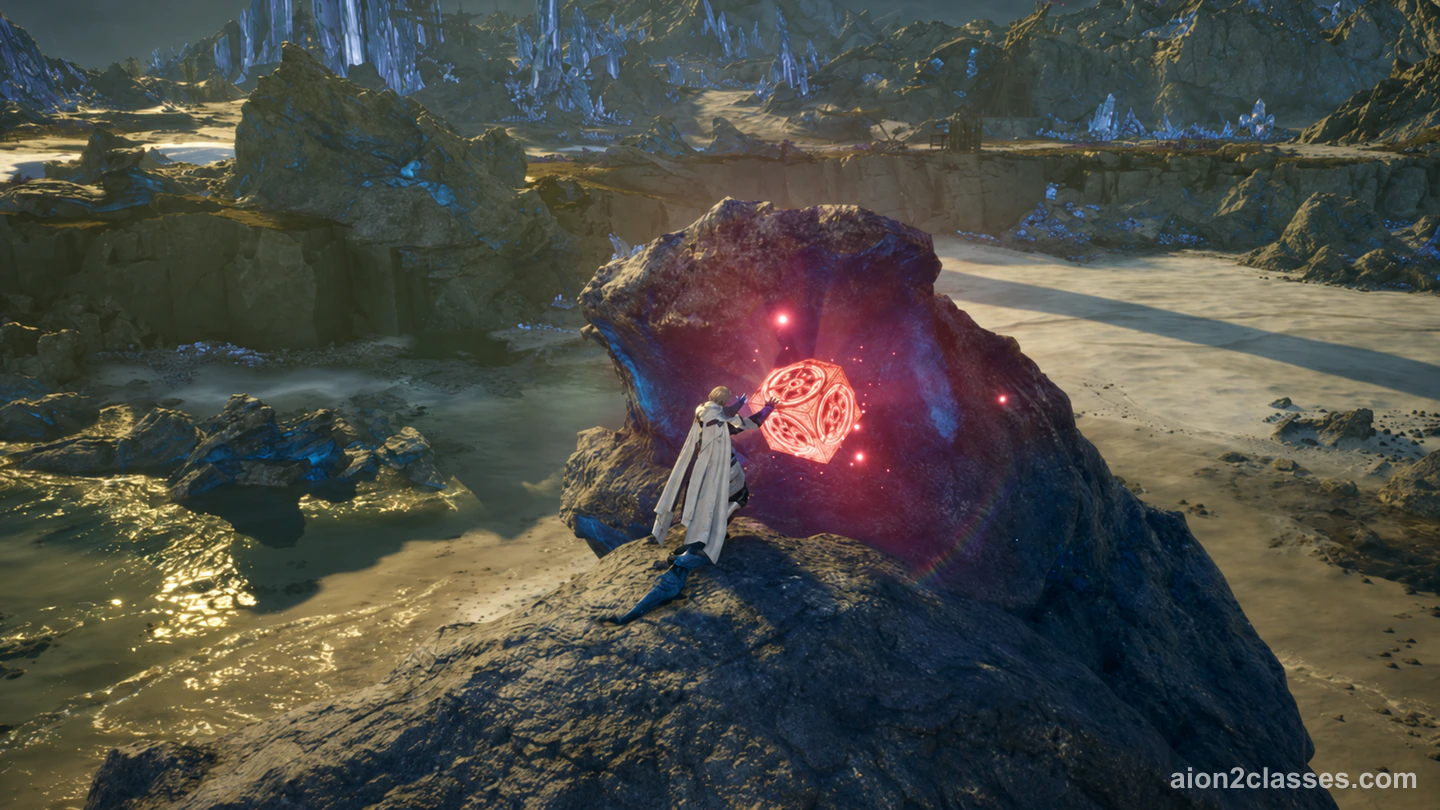 An AION 2 character in a long white coat reaching toward a glowing red Hidden Cube on a large rock beside a shallow shore