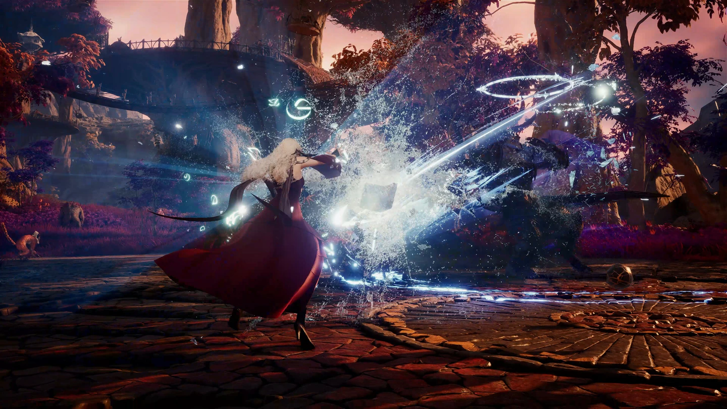 A white-haired AION 2 character in a red cloak casting a swirl of frost at a dark creature in a courtyard of purple trees