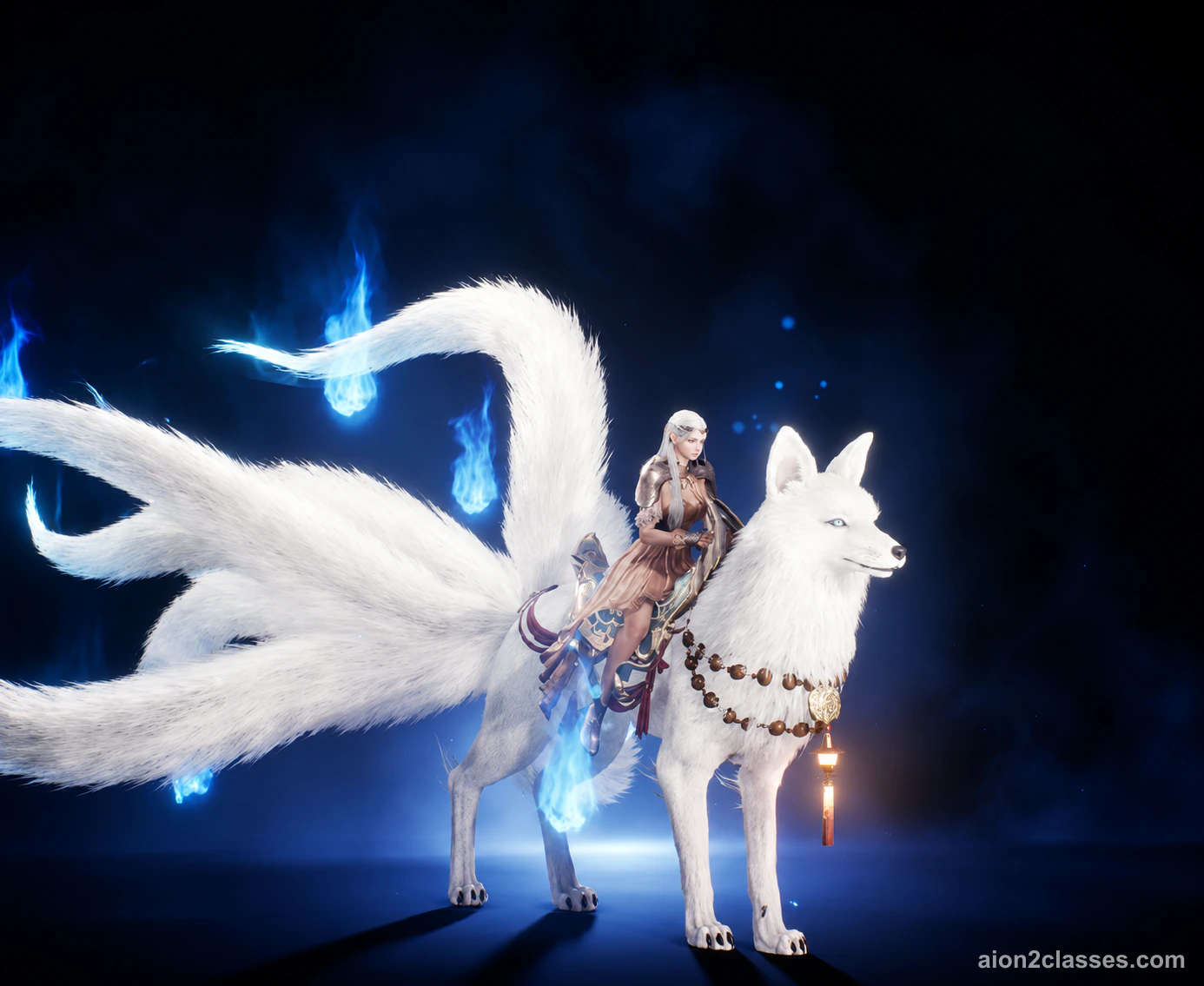 A white nine-tailed fox pet with blue ghost flames around its tails and a rider on its back, on the dark stage of the AION 2 Pets menu