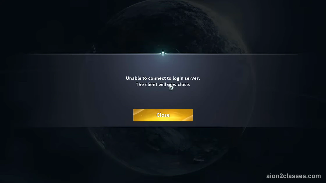 The AION 2 message "Unable to connect to login server. The client will now close." above a yellow Close button