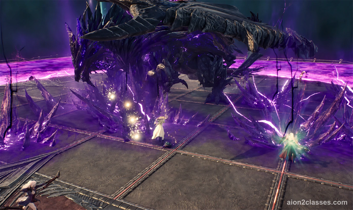 A party fighting the black dragon Ludra as purple crystals and lightning burst up from the arena floor around them