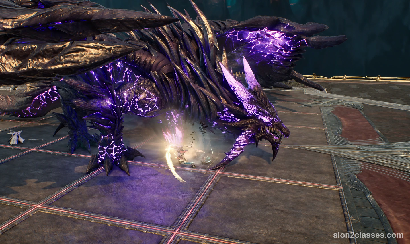 Ludra, a huge black dragon with glowing purple lightning across its scales and long spikes on its back, on a dark tiled arena floor