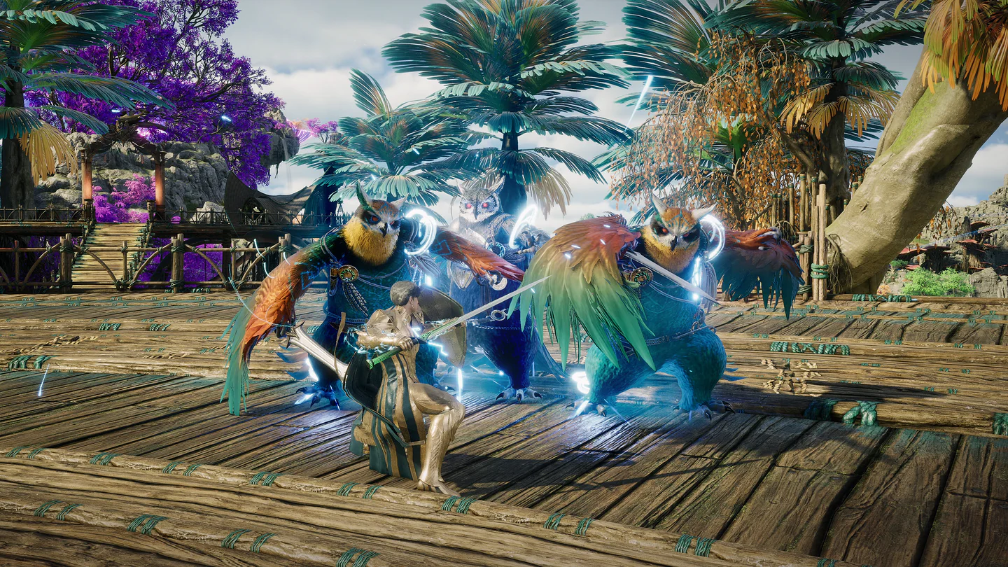 An AION 2 fighter crouched with a blade drawn against three feathered owl warriors on a wooden deck in a tropical village with purple trees