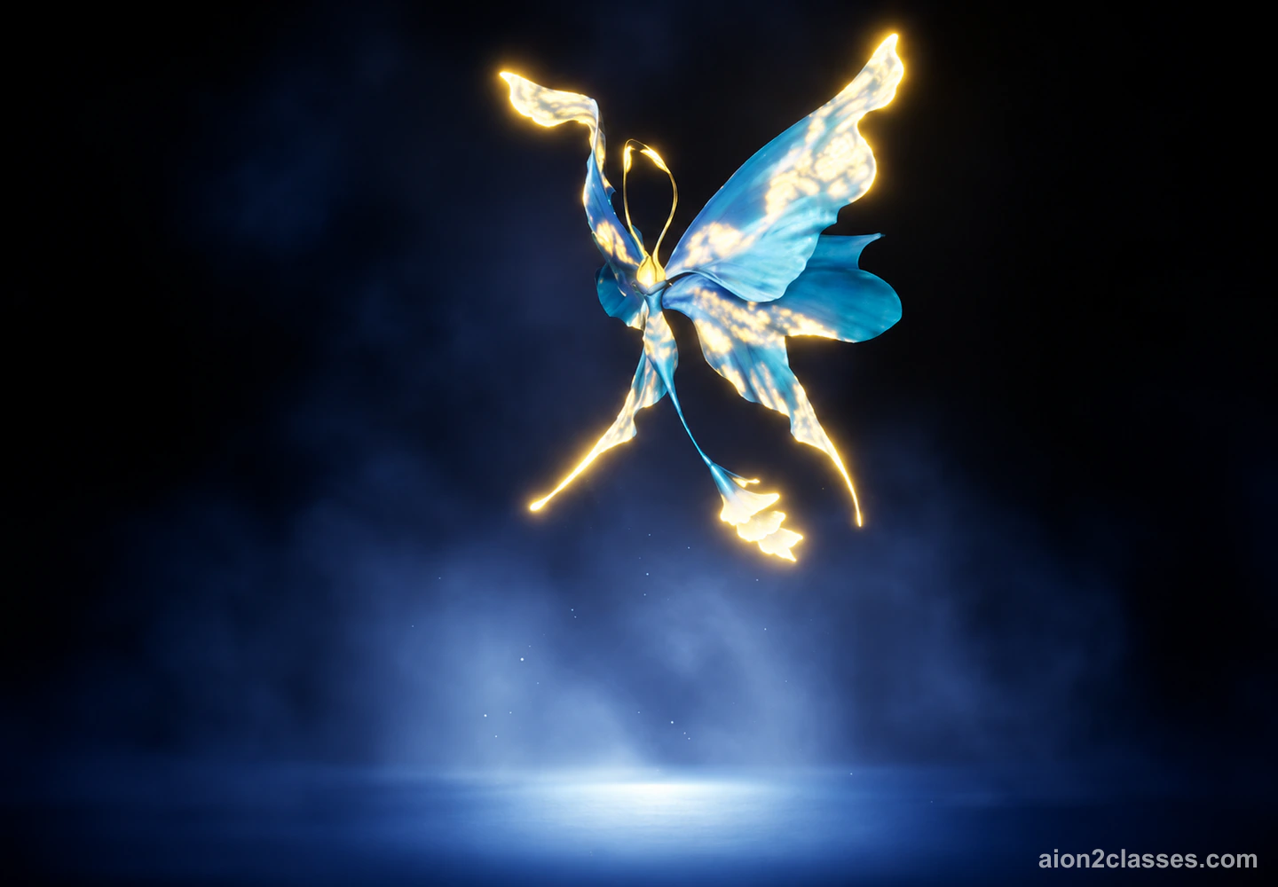 The Papis pet in the AION 2 Pets menu: a flying blue butterfly-like creature with wings edged in glowing gold, on a dark blue stage