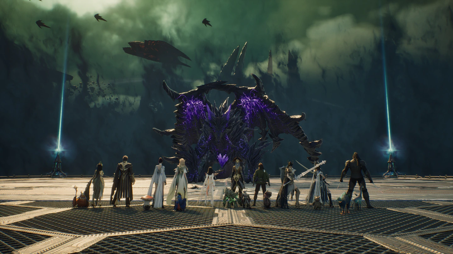 A party of about a dozen AION 2 players lined up on a stone arena facing a giant dragon covered in glowing purple crystals, with light beams and airships in a green sky