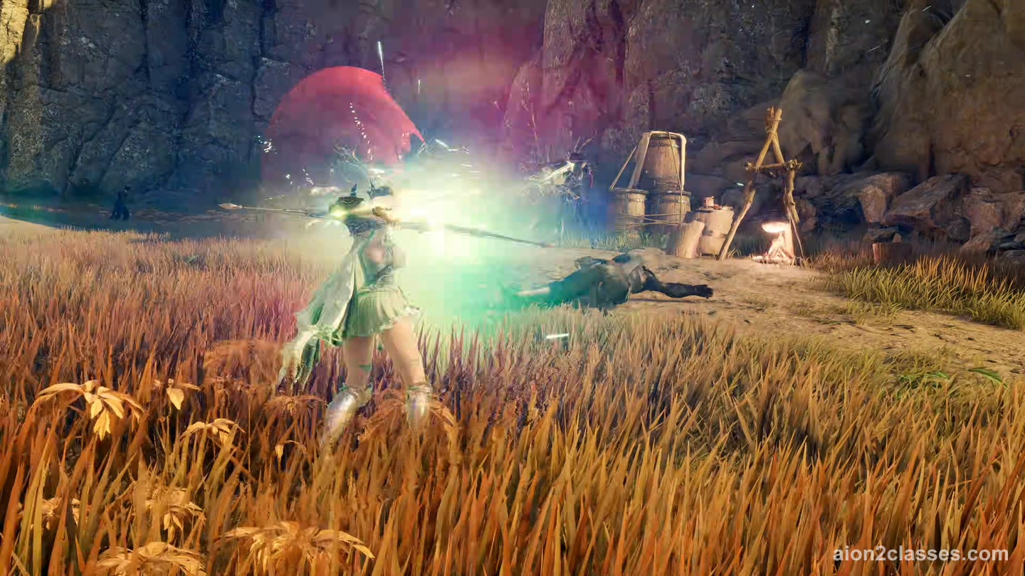 An AION 2 archer drawing a bow in a field of tall orange grass, a glowing shot flying toward an enemy camp below a cliff
