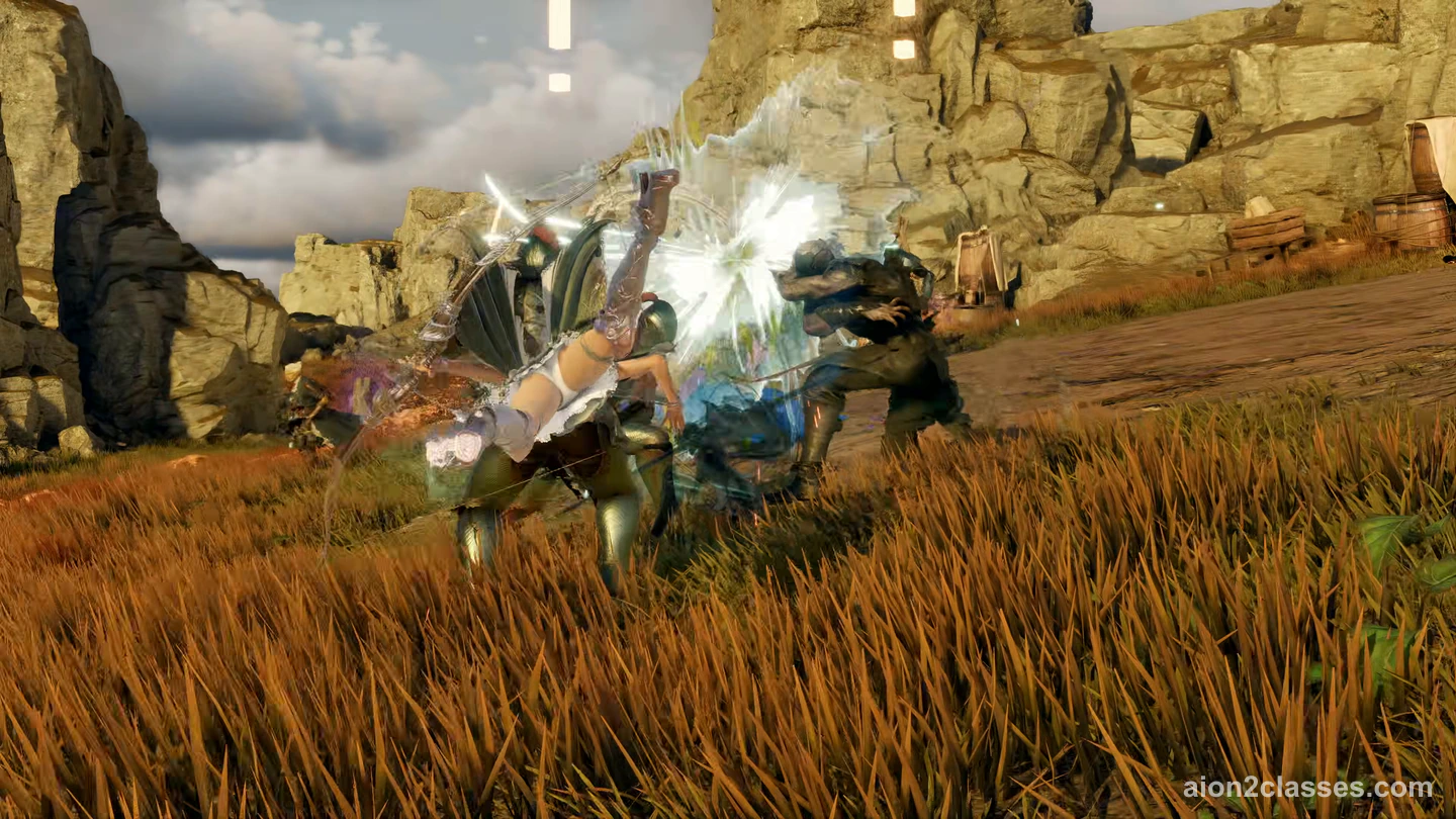 An AION 2 archer in white kicking through a burst of white light into a brute in a field of tall orange grass