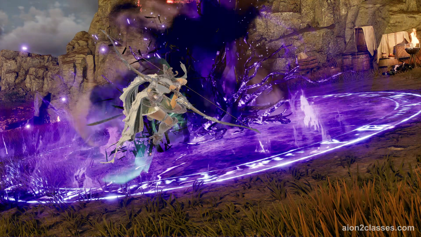 An AION 2 archer in white leaping above a glowing purple rune circle with a bow drawn, dark thorns rising behind