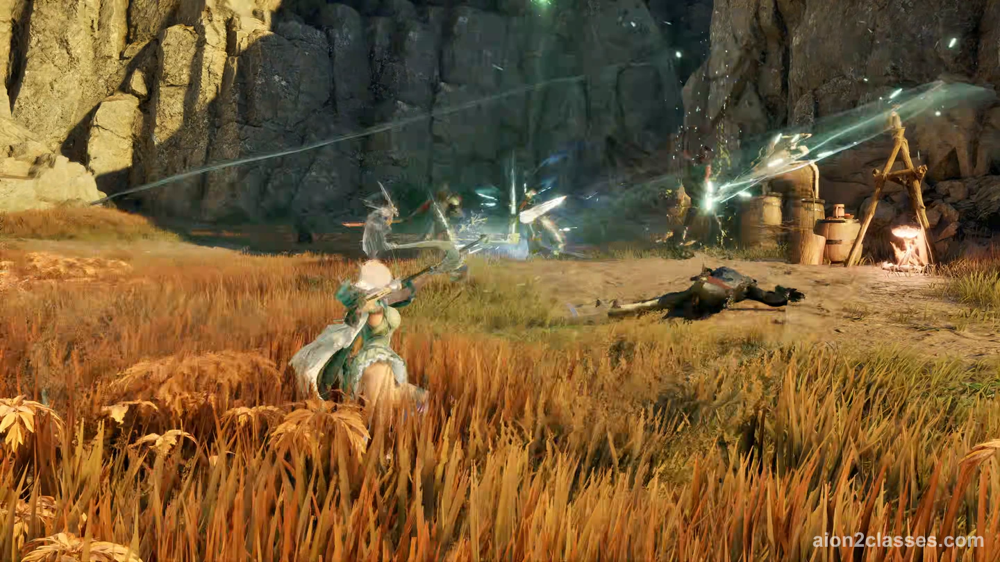 A white-haired AION 2 archer in green drawing a bow in a field of orange grass below a camp at the foot of a cliff