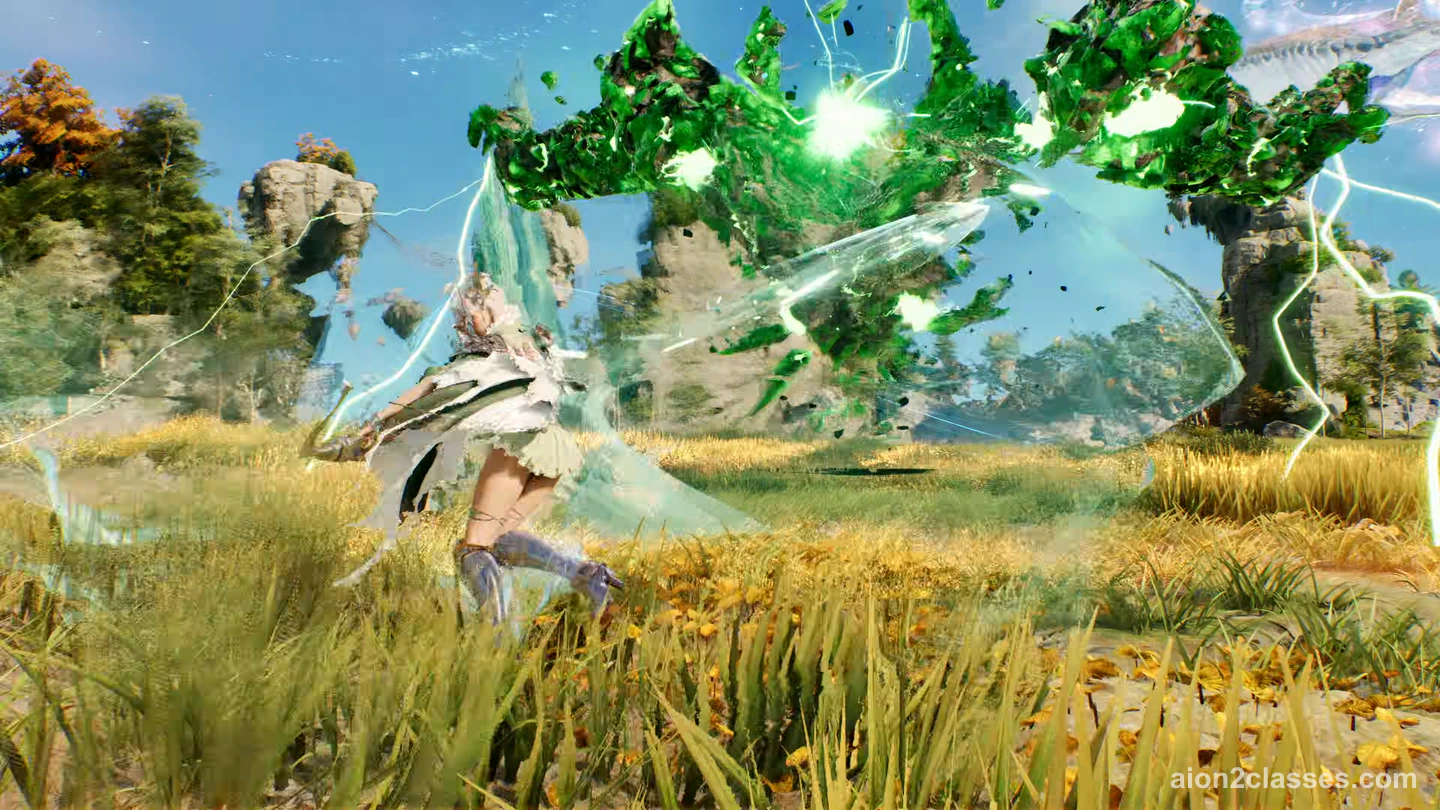An AION 2 character in light armor leaping through tall golden grass under a blue sky as a huge burst of green light shatters overhead