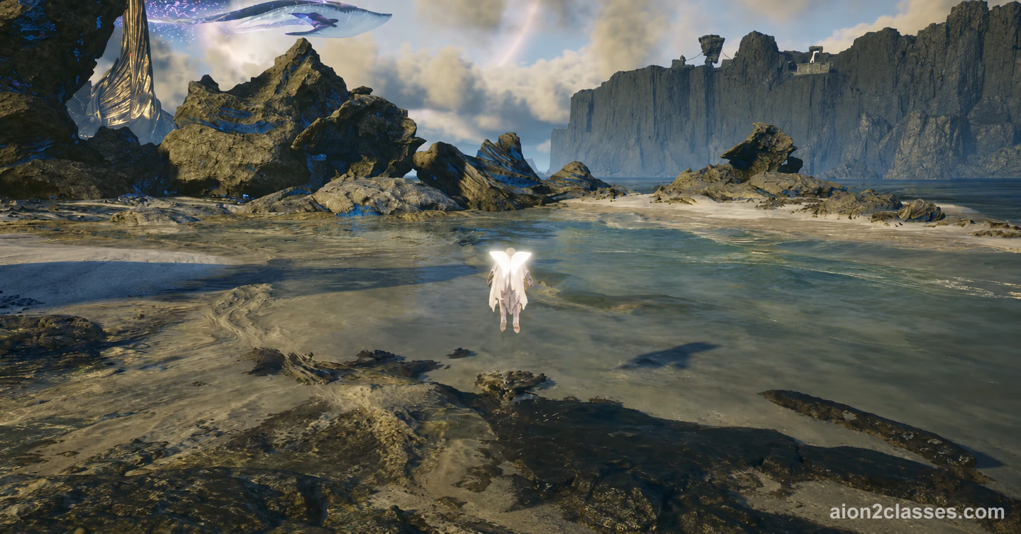 A winged AION 2 character standing in shallow water on a wide rocky shore, with tall cliffs and a giant flying whale in the sky