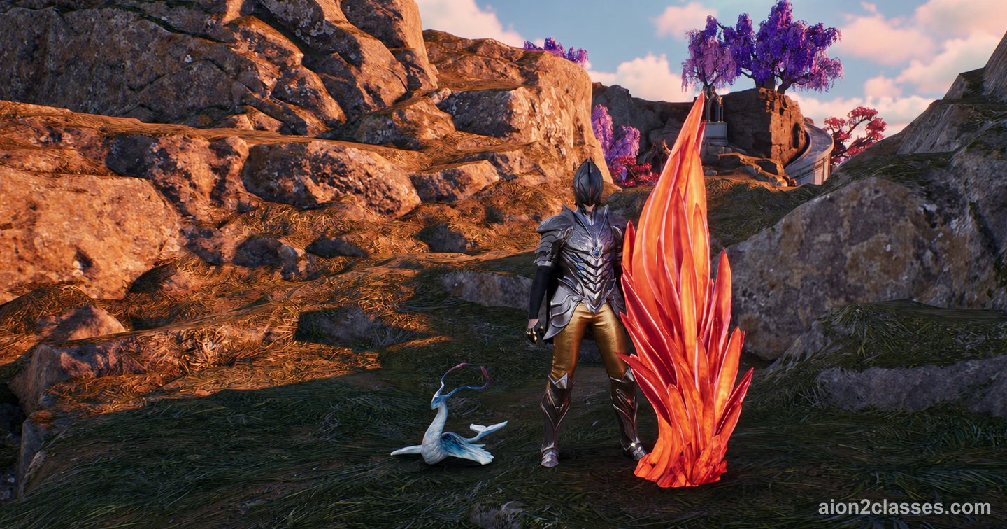An AION 2 character in dark silver armor and gold trousers standing beside a tall cluster of orange-red crystals on a sunlit rocky hillside, a small white dragon pet on the grass