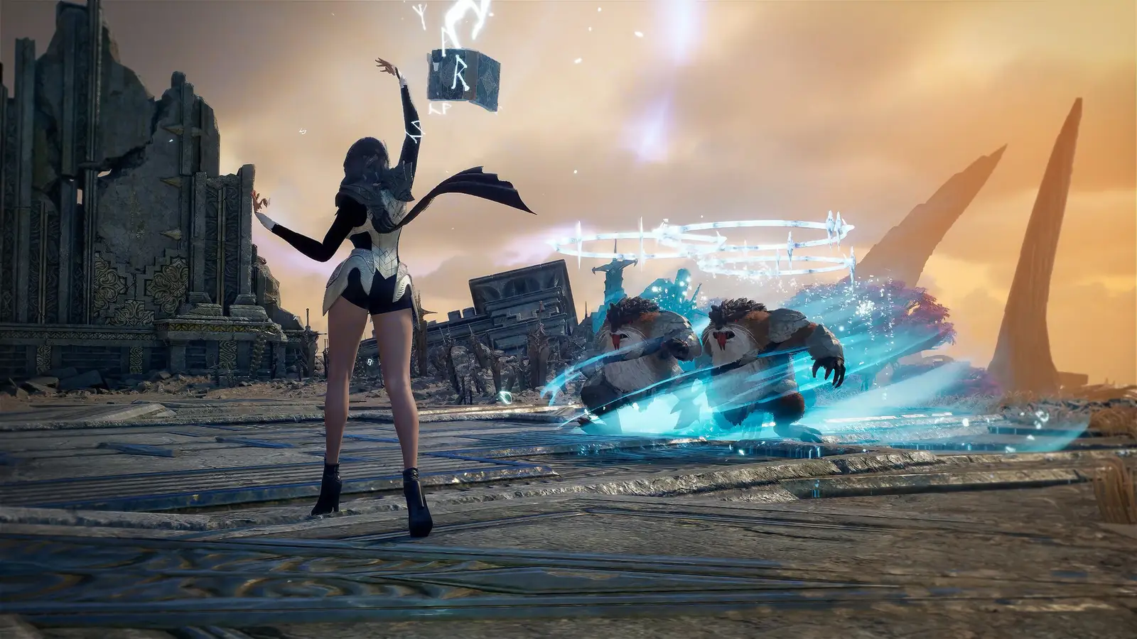 An AION 2 character raising a glowing rune cube while rings of magic freeze two furry monsters in a ruined city at sunset